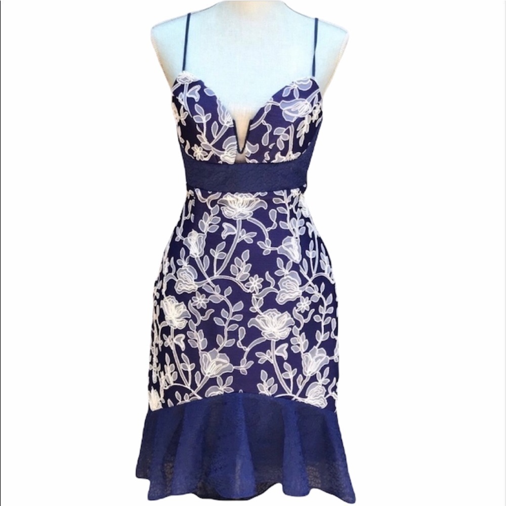FOXIEDOX Blue/White Embroidered Tulip Dress NEW 4